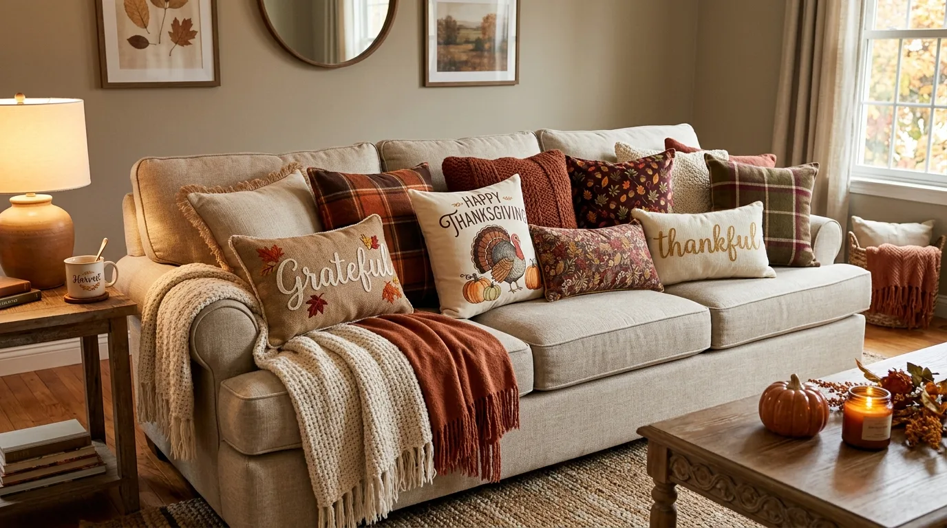 Couch styled with mixed Thanksgiving pillow covers